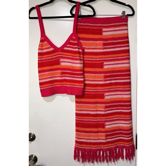 525 Raspberry Sorbet Multi Striped Tank & Midi Skirt Fringe Hem Size Small NWT - Picture 1 of 13